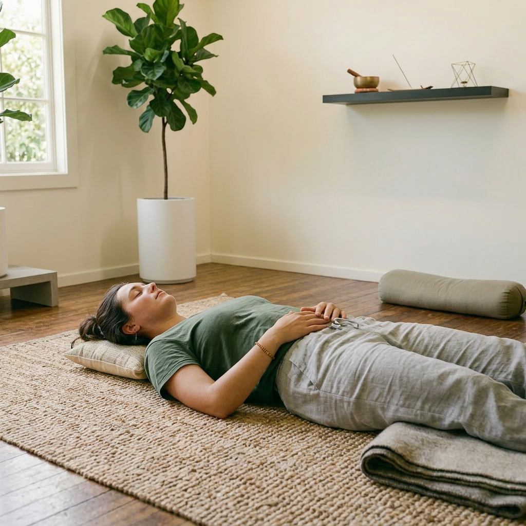 Person lying on back on a rug in a room with many green potted plants