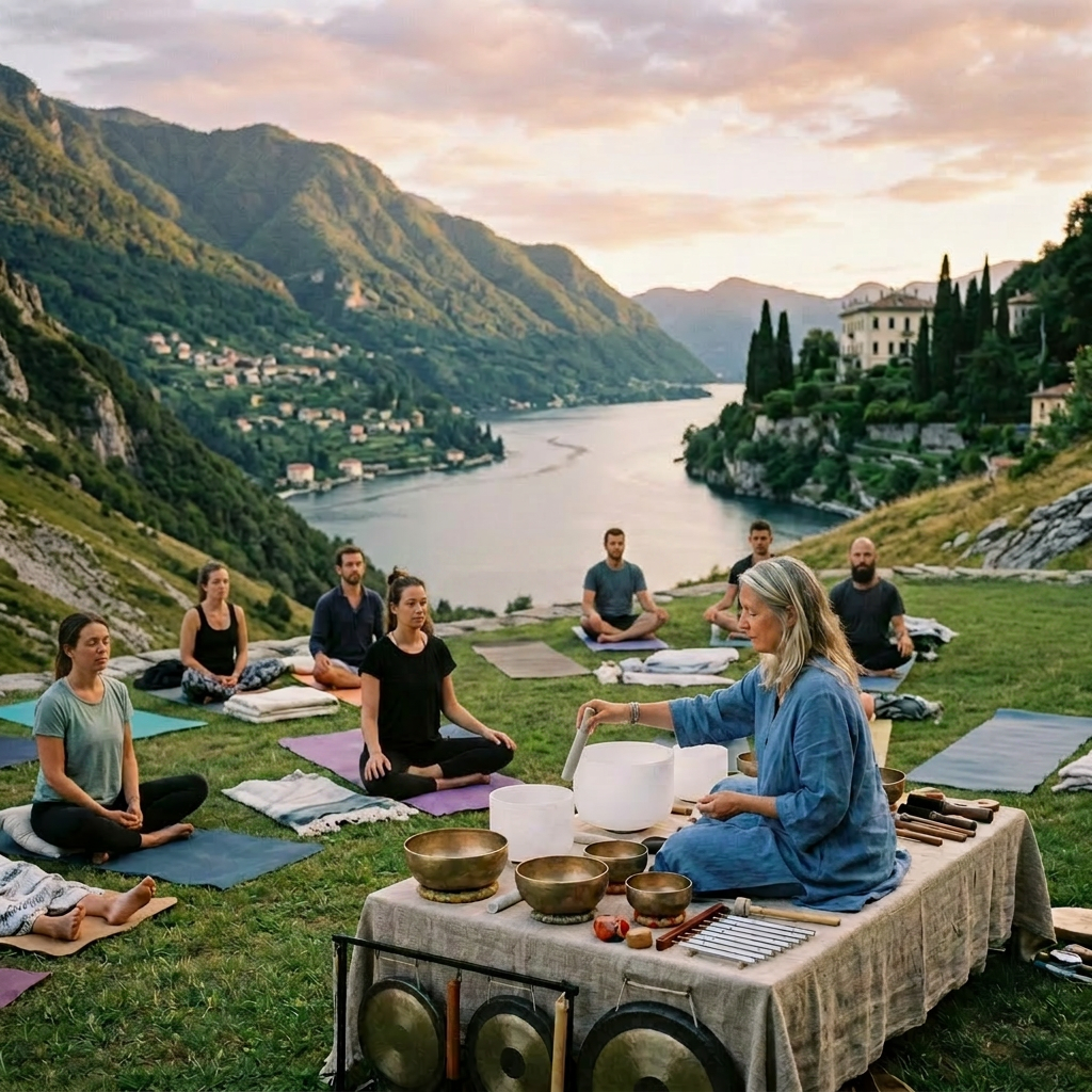 People meditating outdoors by a lake during sunset with a sound healer